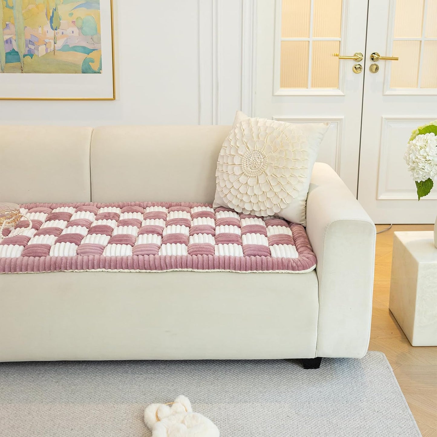 Funny Magic Sofa Cover, Waterproof Couch Cover for Dogs, Cream-Coloured Large Plaid Square Pet Mat, Bed Tatami Mat