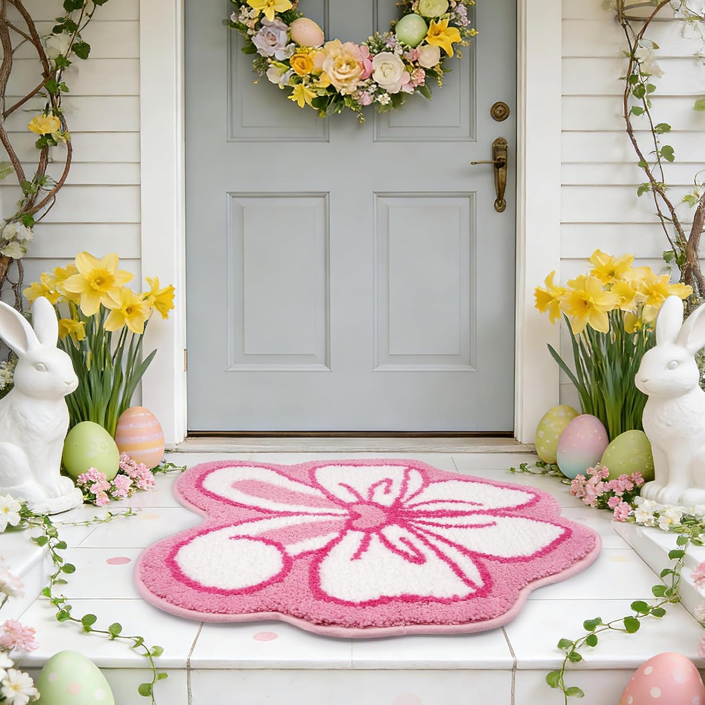 Bathroom Rug,Bow Bath Mat with Bunny Ears,Non-Slip and Absorbent Pink Rug with Funny Design Rugs for Bathroom Shower Bedroom,24x16 Inch
