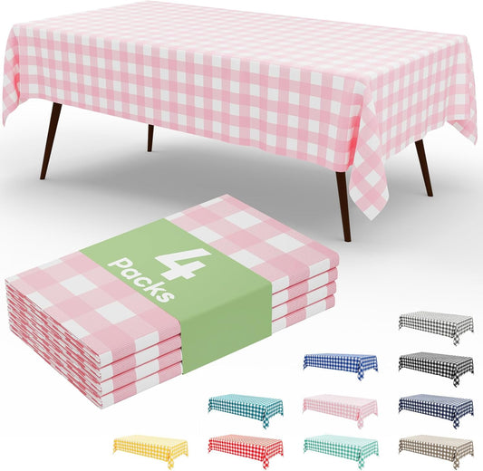 misaya 4 Packs Buffalo Disposable Table Cloth, 54 x 108 Inch Waterproof Plastic Tablecloth, Rectangle Pink and White Checkered Table Covers for Picnic, Birthday, Party, Back to School