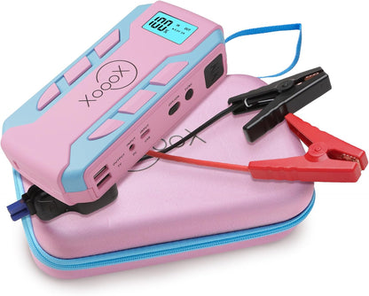 XoooX Pink Portable Car Battery Jump Starter Kit with Jumper Cables, LED Light and Case; 12V Jump Start Battery Pack; Portable Battery Charger for USB/USB-C Devices