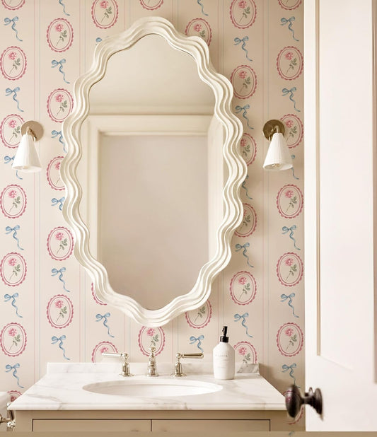 RollsRolla Vintage Stripe Pink Rose and Blue Bow Peel and Stick Wallpaper - French Country Cottage Inspired Temporary Wallpaper for Girls Rooms and Dorms, Renter-Friendly for Apartments
