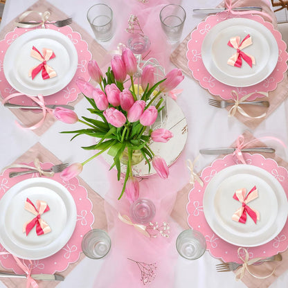 4 Pcs Pink Bow Placemats Coquette Embroidered Place Mats Pink Cotton Decorative Table Mats for Home Wedding Baby Shower Birthday Party Decor(Round Embroidered)