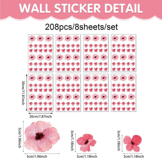 208Pcs Boho Flower Wall Stickers, Peel and Stick Pink Floral Wall Decals, Removable Neutral Watercolor Wildflower Blossom Window Clings for Girls Bedroom Living Room Offices Home Decoration