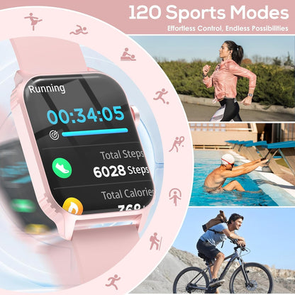 TRAUSI 120+ Sports Modes Smartwatch for Women with Sleep Monitor, IP7 Waterproof, Music Control Watch for iPhone Pink