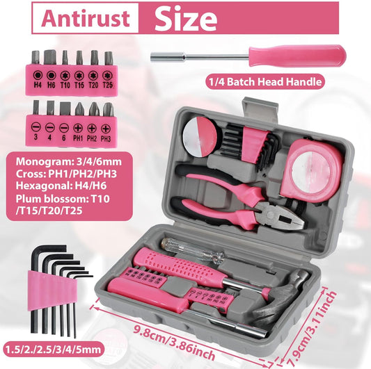 48pcs Small Tool Kit, Pink Mini Tool Kit for Women, Multi-Purpose Home Hand Tool Set with Case, Basic Household Tool Kit for College, Dorm, Office, Garage