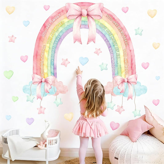 Large Watercolor Rainbow Wall Decals Pastel Pink Bow Wall Decor for Girls Bedroom Kids Inspirational Vinyl Sticker Peel and Stick Self-Affirmation Clouds Art Mural for Baby Kids Room Nursery Playroom