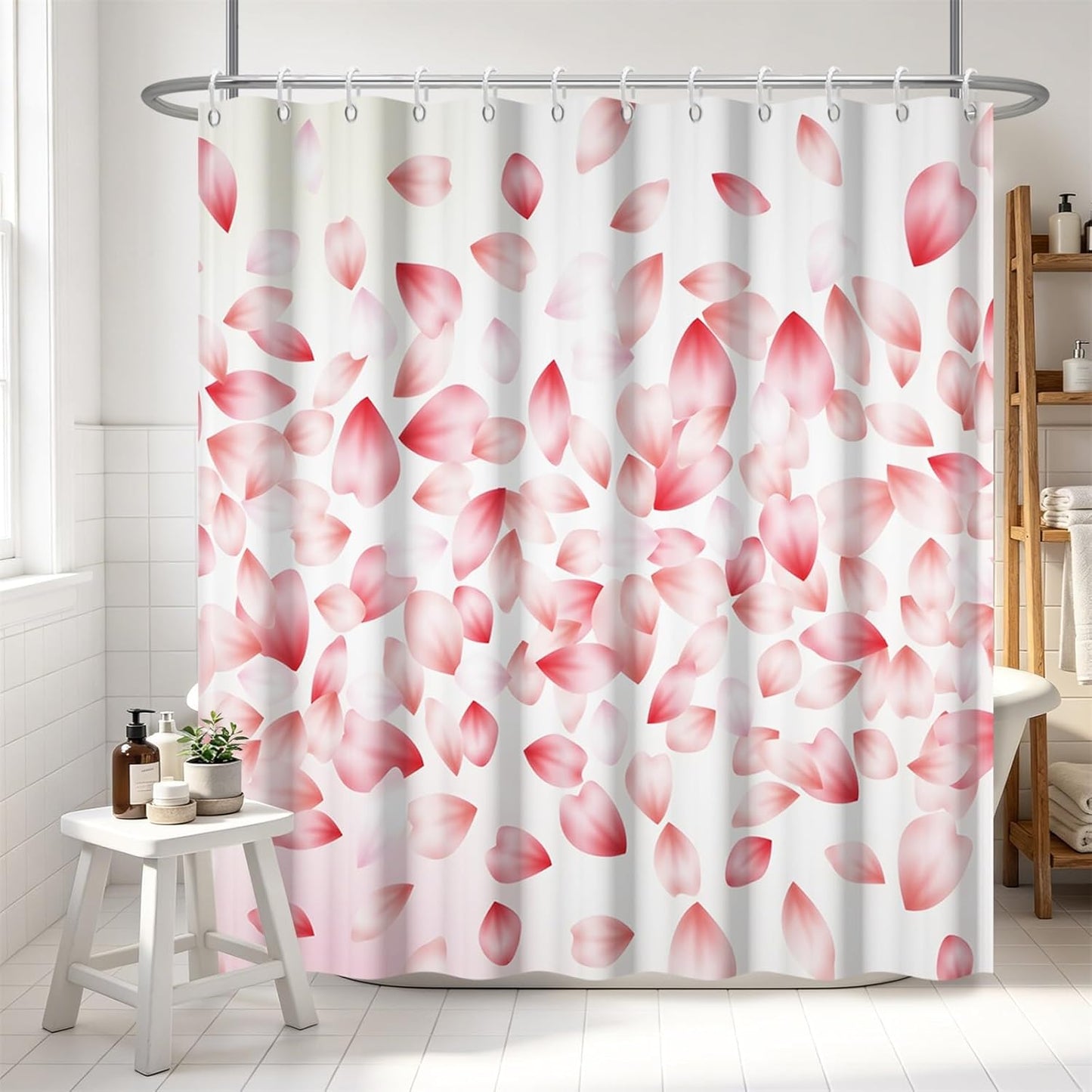 Cherry Blossom Petal Shower Curtain, Light Pink and White Floral Girly Aesthetic Shower Curtains for Bathroom, Farmhouse Waterproof Polyester Bathtub Curtain Set with 12 Hooks, 72x72 Inches