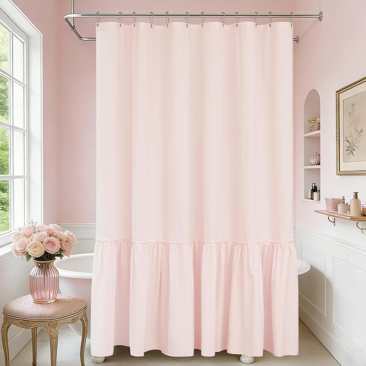 Seenus Baby Pink Ruffle Shower Curtain with Waterproof TPU Backed, Soft Microfiber Lovely French Ruched Shower Curtain, 72 x 72 Inch Bathroom 2 in 1 Washable Fabric Shower Curtain with TPU Lining