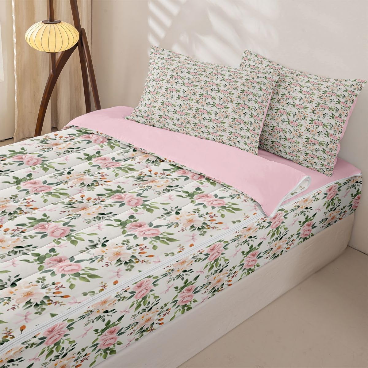 Erosebridal Flower Zipper Bedding Set Twin Rose Zip Up Comforter Set with Sheets Peach Blossom Kawaii Ribbon Bow Bed in a Bag Princess Girly Leaves Floral Theme Bed Sets with 2 Pillowcases