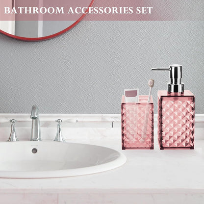 Bathroom Accessories Set 2 PCS, Pink Bathroom Accessories Include Soap Dispenser and Toothbrush Holder, Diamond Pattern Bathroom Set for Boho Bathroom Decor