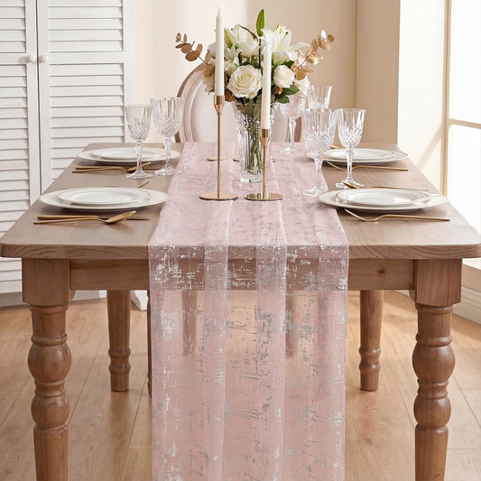 Artoid Mode Pink Silver Gauze Table Runner 120 Inch, Sheer Glitter for Spring, Wedding, Dining, Anniversary, Holiday Party Decor