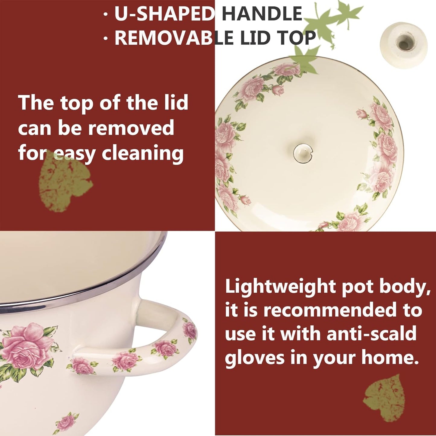 Retro Flower Enamel Stockpot with Lid,Stockpots for Cooking (Rose pink -3QT)