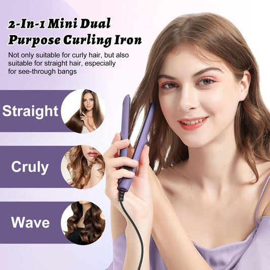 Omaky Upgraded 2-in-1 Mini Curling Wand Flat Iron Hair Straightener,Mini Dual Purpose Curling Flat Iron, Long-Lasting Portable Travel Curling Wand for Women Girls Short Hair, All Hair Types(Pink)