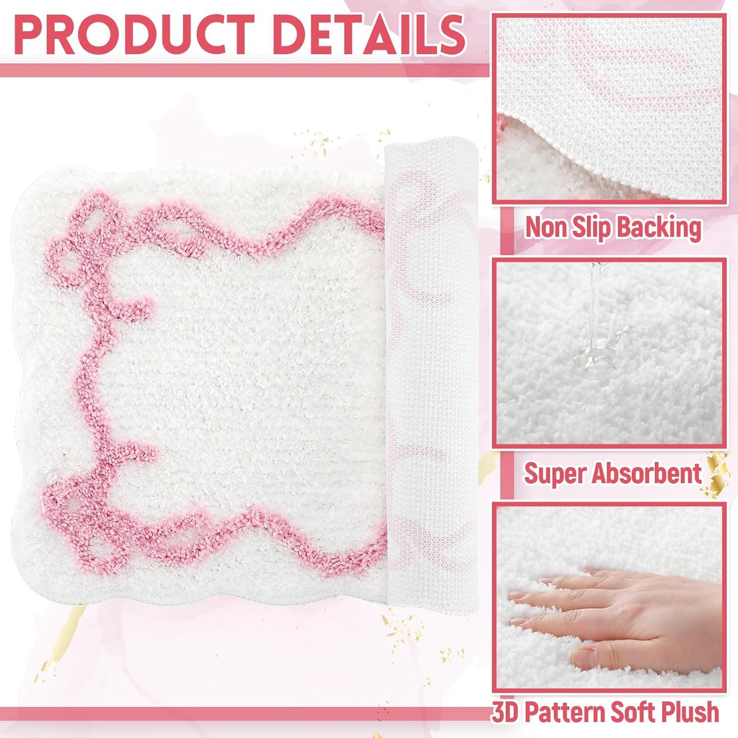 Tinideya Bow Bathmat Rug with Scalloped Wavy Ripple Design, Microfiber Absorbent Non Slip Tufted Rug Aesthetic Coquette Room Decor for Floor Shower Kitchen 15.8 x 23.6 Inch(Pink)