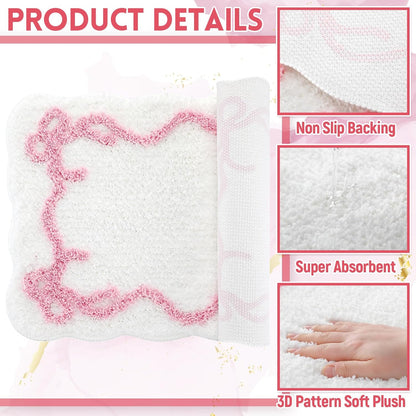 Tinideya Bow Bathmat Rug with Scalloped Wavy Ripple Design, Microfiber Absorbent Non Slip Tufted Rug Aesthetic Coquette Room Decor for Floor Shower Kitchen 15.8 x 23.6 Inch(Pink)