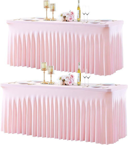 2 Pack Spandex Pink Fitted Table Cloth for 6ft Rectangle Tables Pink Stretch Tablecloth Table Covers Skirt Banquet Tablecloths Wrinkle Free Tablecloth for Parties Wedding