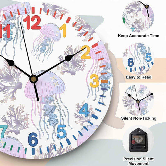 Jellyfish Coral Wall Clock 14 Inch, Dreamy Pink Purple Ocean Coastal Silent Non-Ticking Round Clock Colorful Numbers Decorative Wall Clock for Home Living Room Kitchen Office