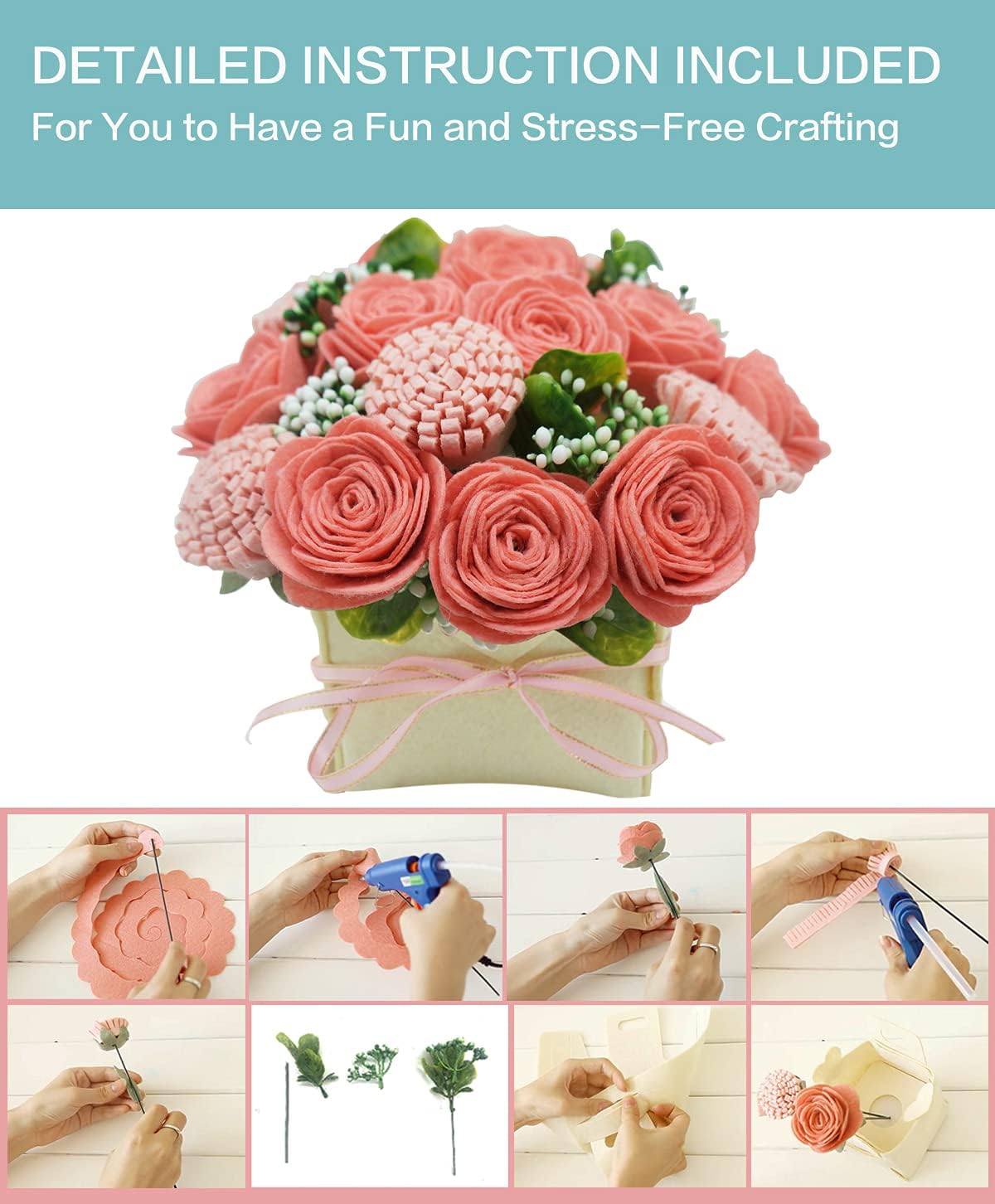 BAZIMA ALICE DIY Felt Flower Art Craft Kit,DIY Pink Rose and Carnation Bouquet Kit, Floral Gifts,Beginner Craft Kit, Floral Gifts,Arrange Pre-Cut Felt Flowers and Foliage