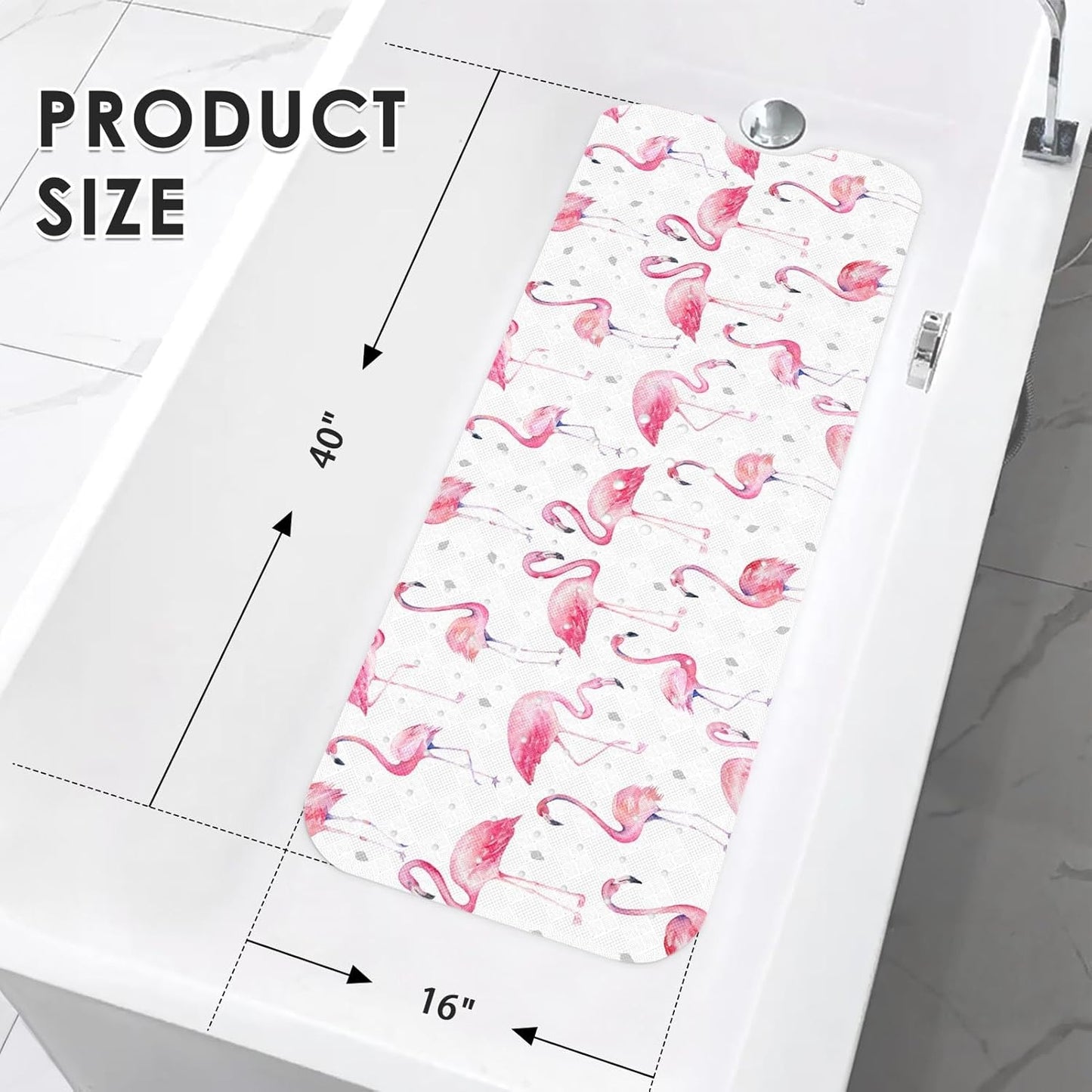 Pink Watercolor Flamingo Bathtub Shower Mat Non-Slip Tub Mat Extra Long Bath Floor Mats 40X16 Inch Machine Washable for Bathroom Tub Bath Mat for Aldult,Toddler and Baby