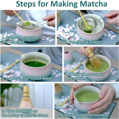 Joyscale Matcha Whisk Set, Matcha Set Whisk And Bowl, 8 Pcs Matcha Kit Set(Distant Mountains Design), 18 OZ, Japanese Matcha Tea Set, Matcha Making Kit Gifts for Tea Lovers(Pink Green)