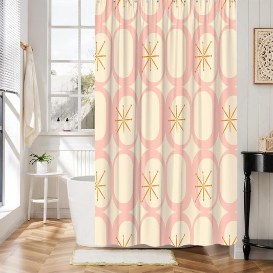 Mid Century Shower Curtain Modern Abstract Atomic Round Squares Retro 50s Geometric Bathroom Decor Polyester Curtains with Hooks