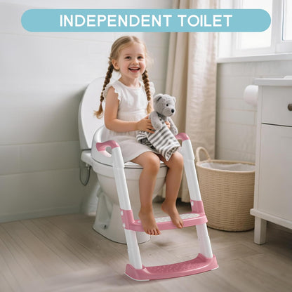 COOSEYA Potty Training Toilet with Step Stool Ladder, Toddler Kids Potty Training Seat for Boys Girls, Foldable Non-Slip Toilet Toddler Seat Splash Guard Soft Cushion Safety Handles (Pink)