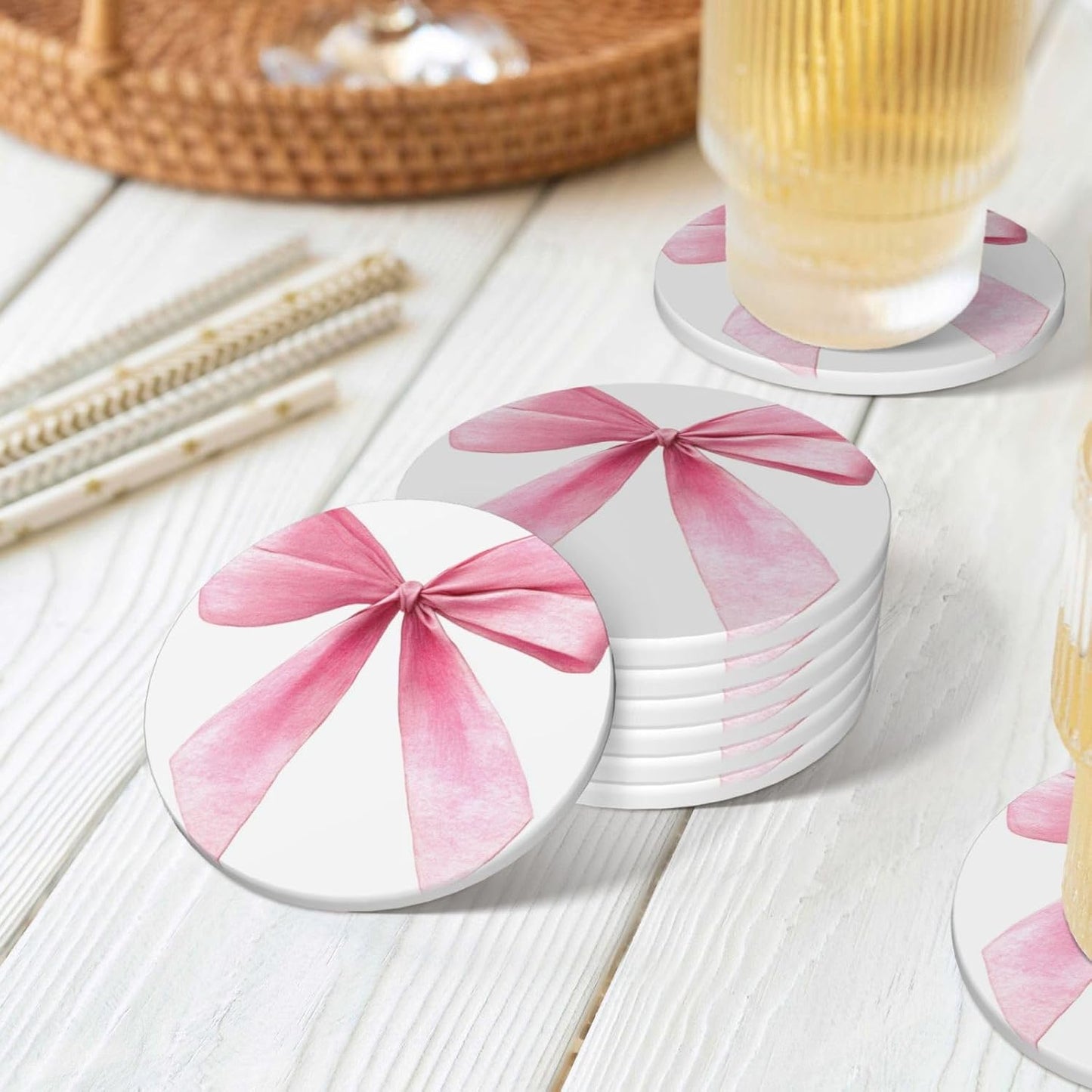 Watercolor Light Pink Coquette Bow Ceramic Coasters with Holder Set of 6 Coffee Cup Drink Coasters