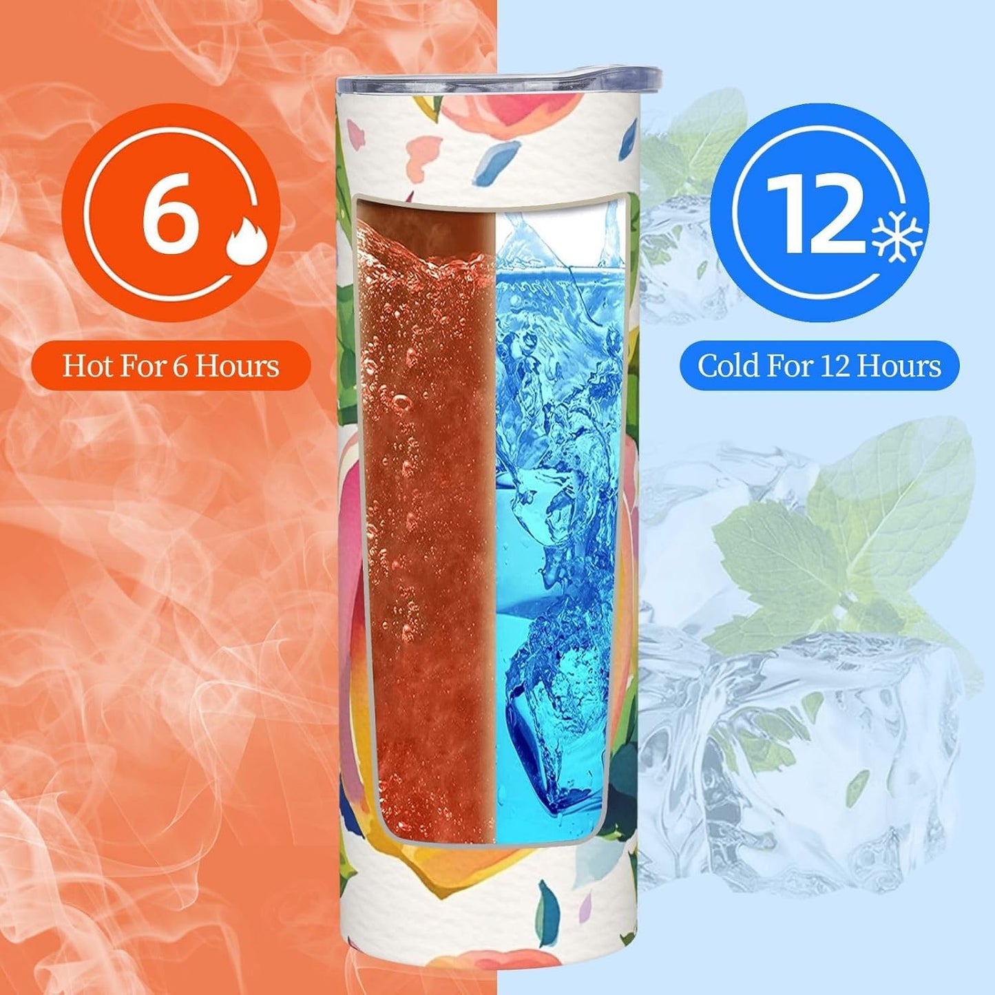 Colorful Peach Watercolor 20oz Tumbler Stainless Steel Insulated Travel Tumblers Leakproof Travel Coffee Mug With Lid And Straw Water Bottle Drink Tumbler Cups Gifts For Women Men Lovers