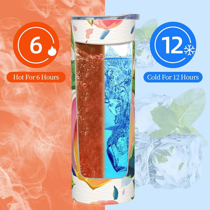 Colorful Peach Watercolor 20oz Tumbler Stainless Steel Insulated Travel Tumblers Leakproof Travel Coffee Mug With Lid And Straw Water Bottle Drink Tumbler Cups Gifts For Women Men Lovers