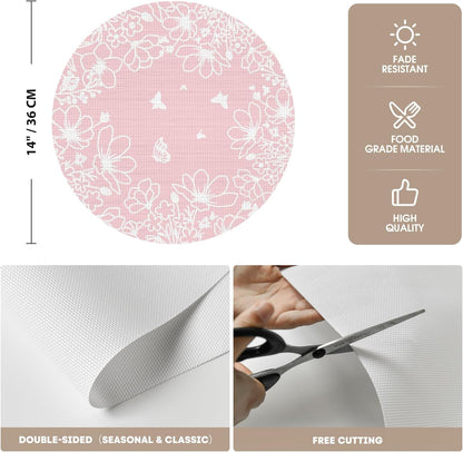 Artoid Mode Pink Leaves Vinyl Round Placemats Set of 4, 14 Inch Washable Non-Slip Heat Resistant Woven Plastic Spring Table Mats for Party Kitchen Dining Decor