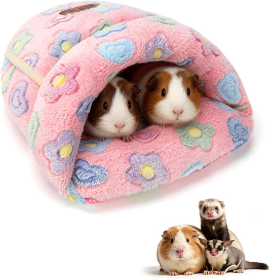 YUEPET Guinea Pig Bed Cuddle Cave Warm Fleece Cozy House Bedding Sleeping Cushion Cage Nest for Small Animal Squirrel Chinchilla Hedgehog Cage Accessories(Pink Flower