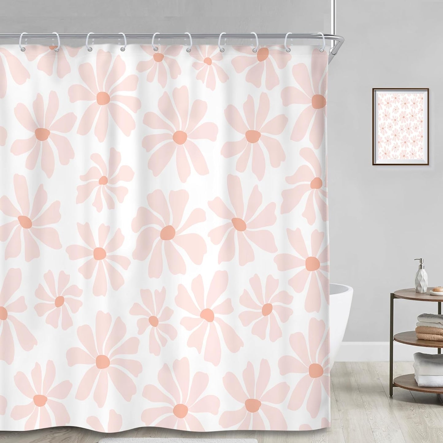 Riyidecor Long Blush Pink Daisy Floral Shower Curtain Boho Spring White Flower Cute Pretty Modern Aesthetic Girly 72Wx78H Inch Minimalist Fabric Decor Bathroom Polyester Waterproof 12 Pack Hooks