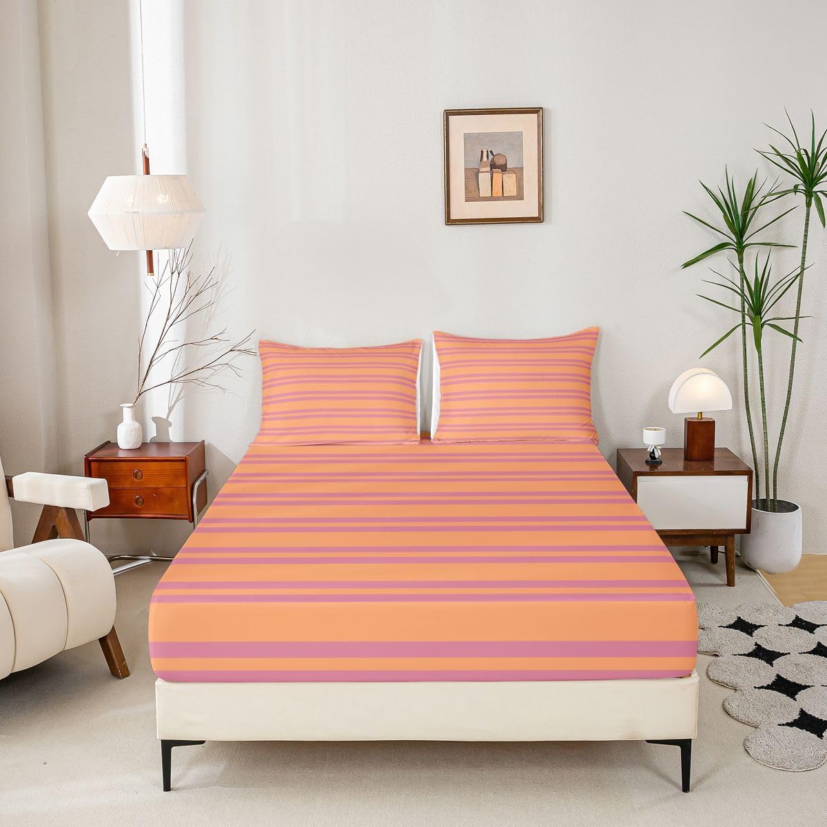 Erosebridal Peach Orange Modern Lines Sheets Queen Size for Kids Teens Adults | Geometric Abstract Striped Bed Sets Retro Classic Horizontal Stripe Sheets Minimalist Stripes Pattern Flat Fitted Sheet