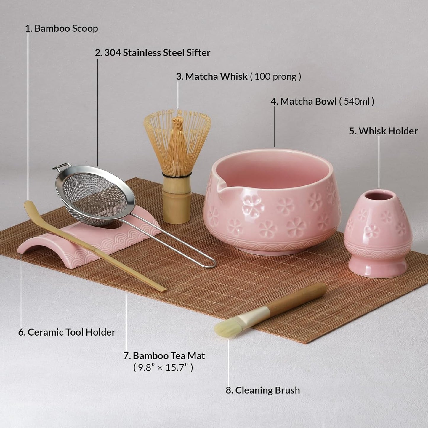 8 Pcs Matcha Whisk Set: Matcha Bowl, Whisk and Holder, Cleaning Brush, Bamboo Scoop, 304 Sifter, Tool Holder, Tea Mat – Matcha Set Kit Gifts for Women, Mom, Valentines Day (Pink)
