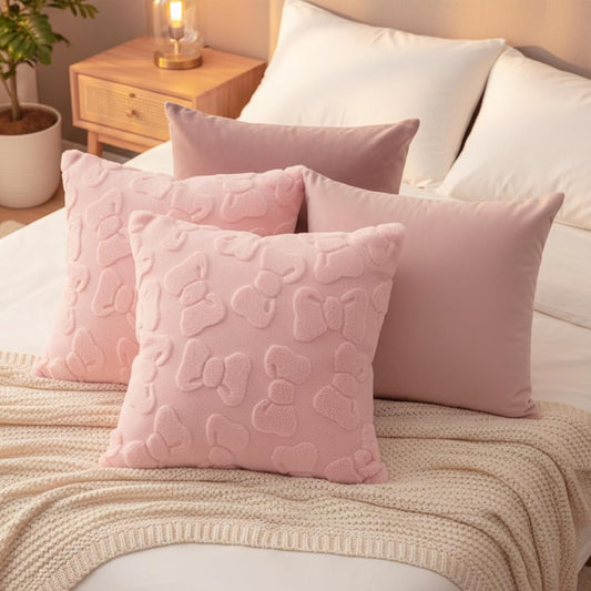 Tiamon 4 Pack Pink Bow Throw Pillow Covers 18 x 18 in Cute Velvet Bow Embroidered Cushion Cover Faux Fur Coquette Preppy Room Decor for Home Room Bedroom Sofa Couch Aesthetic Decorative Pillowcase