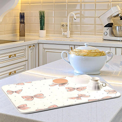 YETTASBIN Light Pink Bow Dish Drying Mat for Kitchen Counter, Super Absorbent Reversible Dish Drainer Rack Pad Coffee Bar Mat, 18 x 24 inch