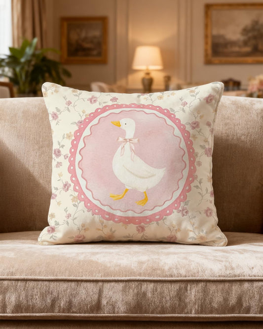 Goose Pillow Cover 18x18 Inch – Vintage Coquette Pink Floral Throw Pillow Case with Bow Goose Cameo – Grandmillennial Cottagecore Decorative Cushion Cover for Nursery, Girls Bedroom Decor