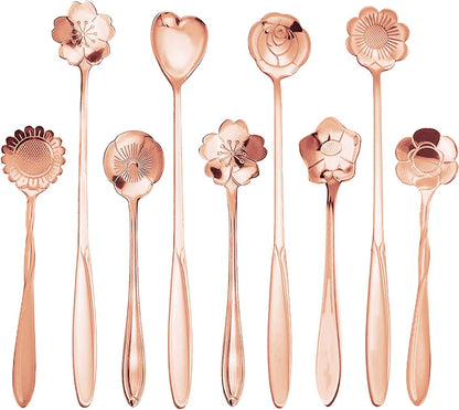 9 Pcs Flower Spoon Coffee Teaspoon Set, ESRISE Stainless Steel Tea Spoon for Tea Party Decorations (Rose Gold)