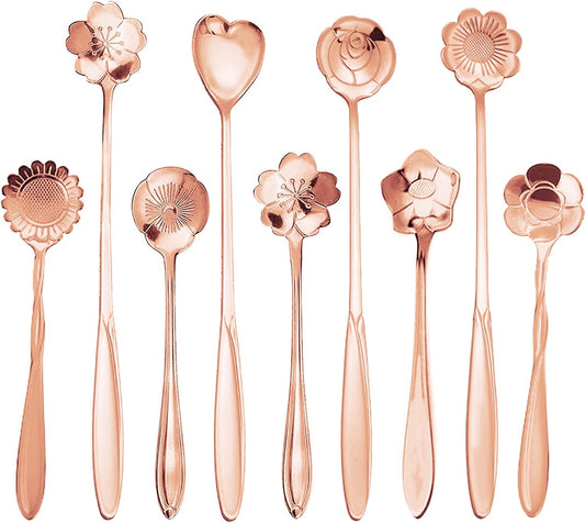 9 Pcs Flower Spoon Coffee Teaspoon Set, ESRISE Stainless Steel Tea Spoon for Tea Party Decorations (Rose Gold)