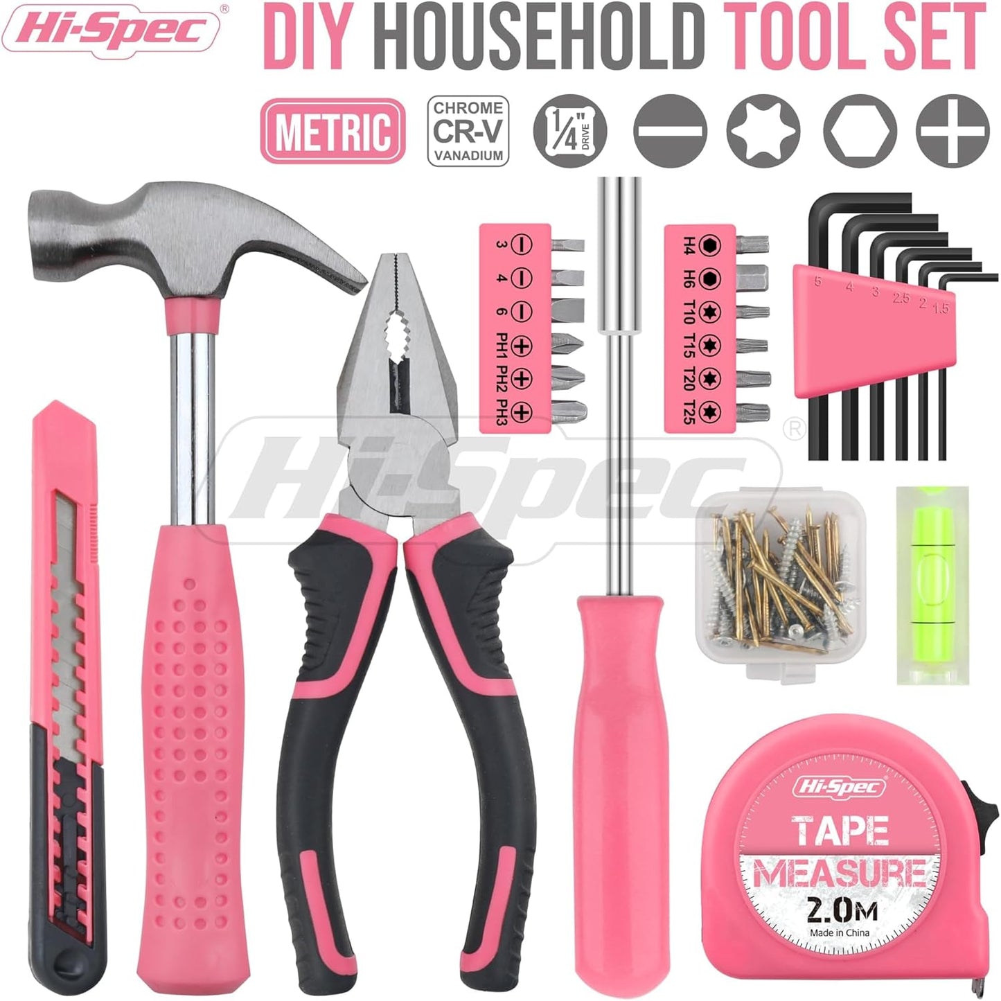 Hi-Spec 25pc Pink Household DIY Tool Kit and 54pc Pink Home DIY Repair Tool Kit Set