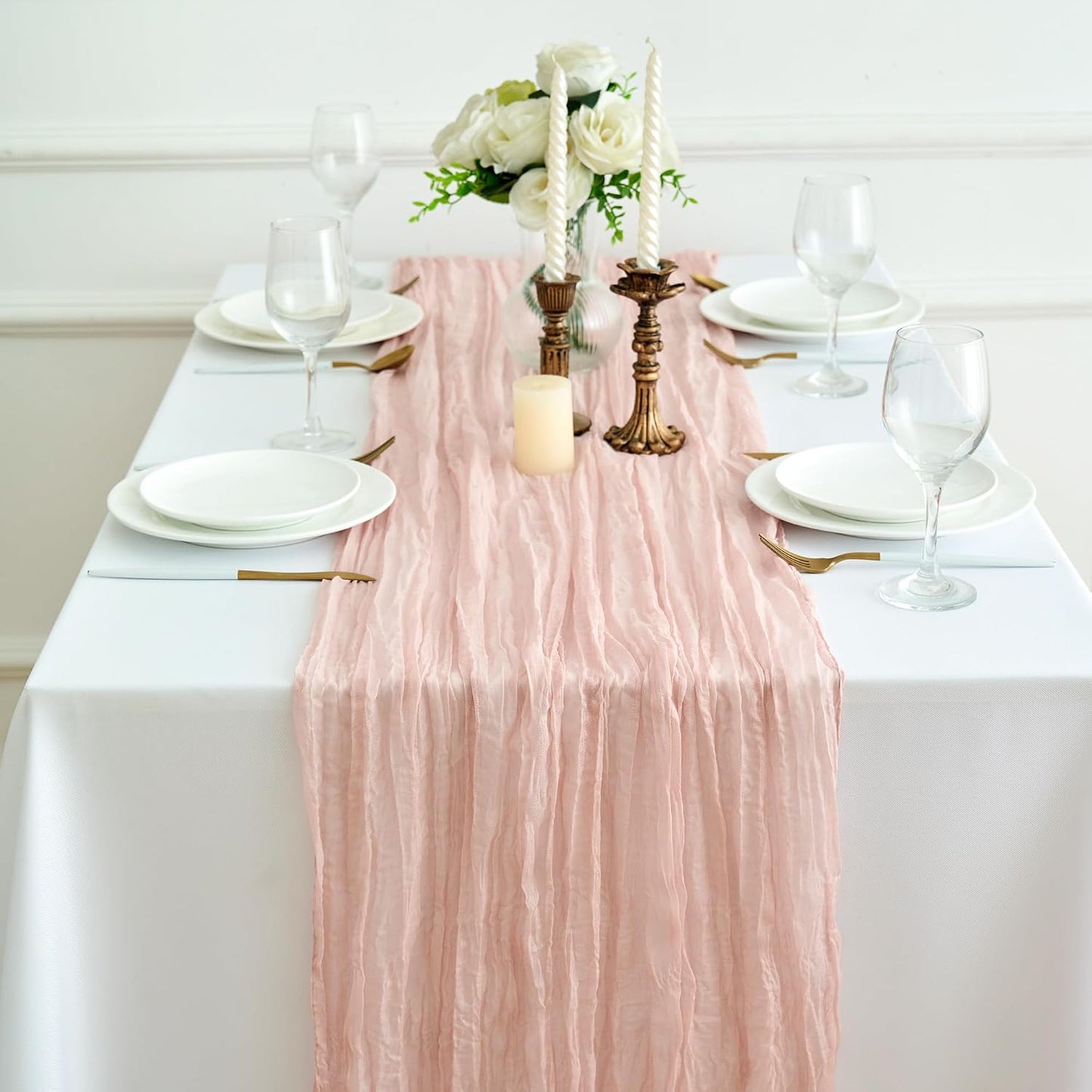 6Pcs Cheesecloth Table Runner 10FT 21.6 x 120 Inch Boho Rustic Gauze Table Runners for Wedding Birthday Baby Shower Summer Garden Party Home Decor(Dusty Pink)