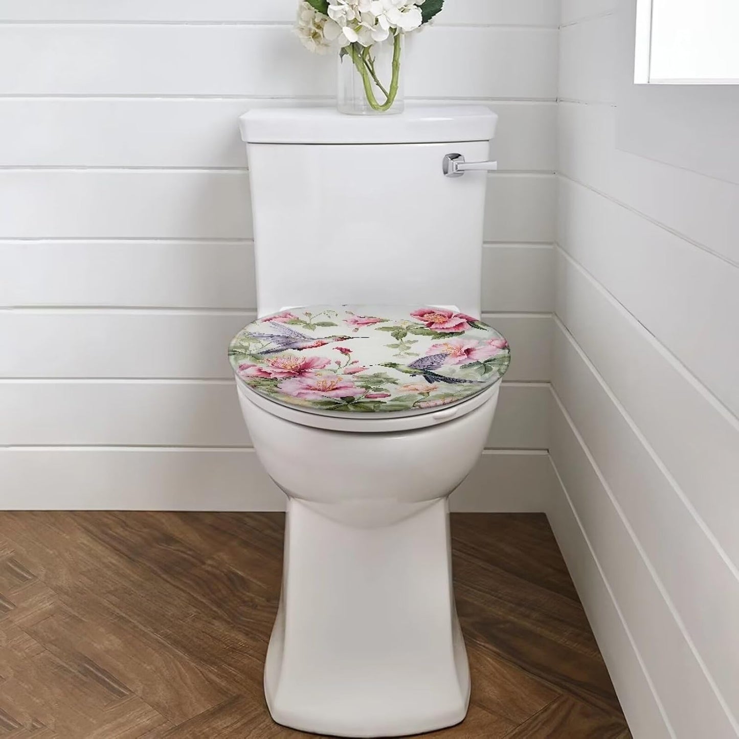 Green Hummingbird Toilet Bowl Cover Seat Pink Flower Toilet Seat Cover Toilet Seat Covers for Bathroom Toilet Seat Cover Elongated Adjusts to Shape of Toilet Lid Toilet Cover