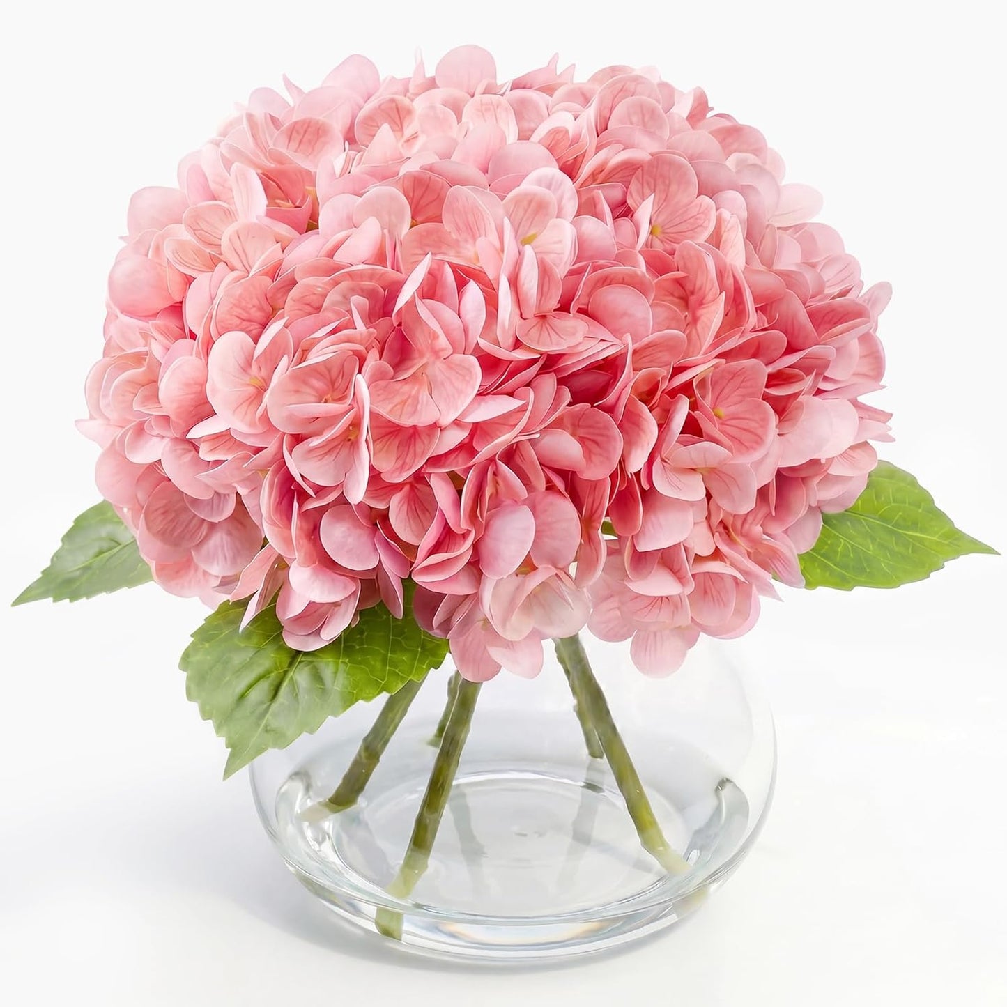 Hydrangea Artificial Flowers with Vase, Real Touch Latex Fake Hydrangeas Spring Stem Leaves Bouquet with Faux Water, Realistic Faux Flower for Home Office Bedroom Table Centerpiece Decor Pink