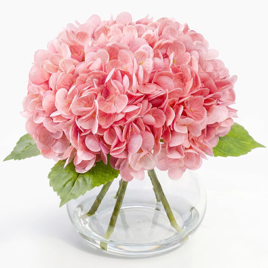 Hydrangea Artificial Flowers with Vase, Real Touch Latex Fake Hydrangeas Spring Stem Leaves Bouquet with Faux Water, Realistic Faux Flower for Home Office Bedroom Table Centerpiece Decor Pink