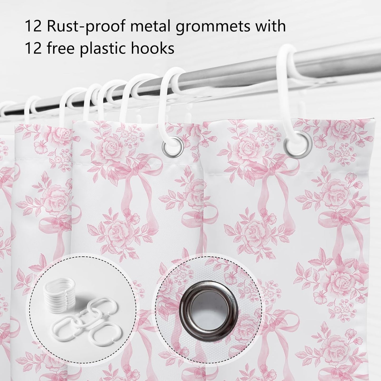 MEHOFOND Pink Floral Bow Shower Curtain, Coquette Cute Bowknot Shower Curtain,Chinoiserie Flower Bow-tie Bathroom Decor Curtain Romantic Pink Aesthetic Bathroom Curtain with 12 Hooks 72x72IN