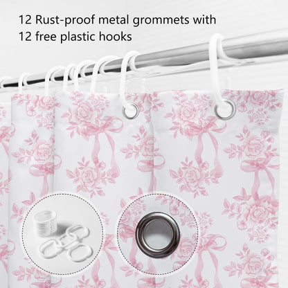 MEHOFOND Pink Floral Bow Shower Curtain, Coquette Cute Bowknot Shower Curtain,Chinoiserie Flower Bow-tie Bathroom Decor Curtain Romantic Pink Aesthetic Bathroom Curtain with 12 Hooks 72x72IN