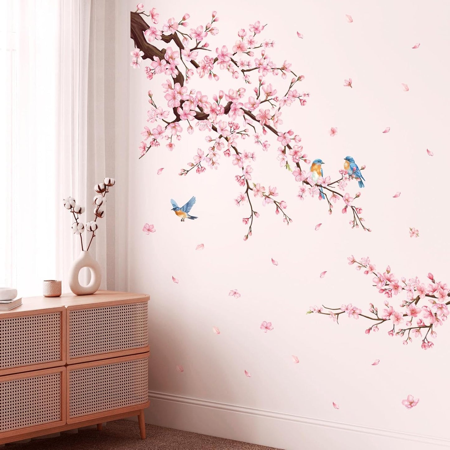 SHUCHING Cherry Blossom Wall Decals Peel and Stick, Pink Flower Branch Wall Sticker, Wall Decor Art for Girls Bedroom Living Room