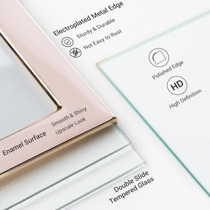 Axeman 4x6 Gold Floating Frame Pink Enamel Picture Frame with Metal Edge for 3.5x5, 2x3 up to 4x6 Photo Double Glass Floating Picture Frame for Desk Tabletop Shelf Vertical Display