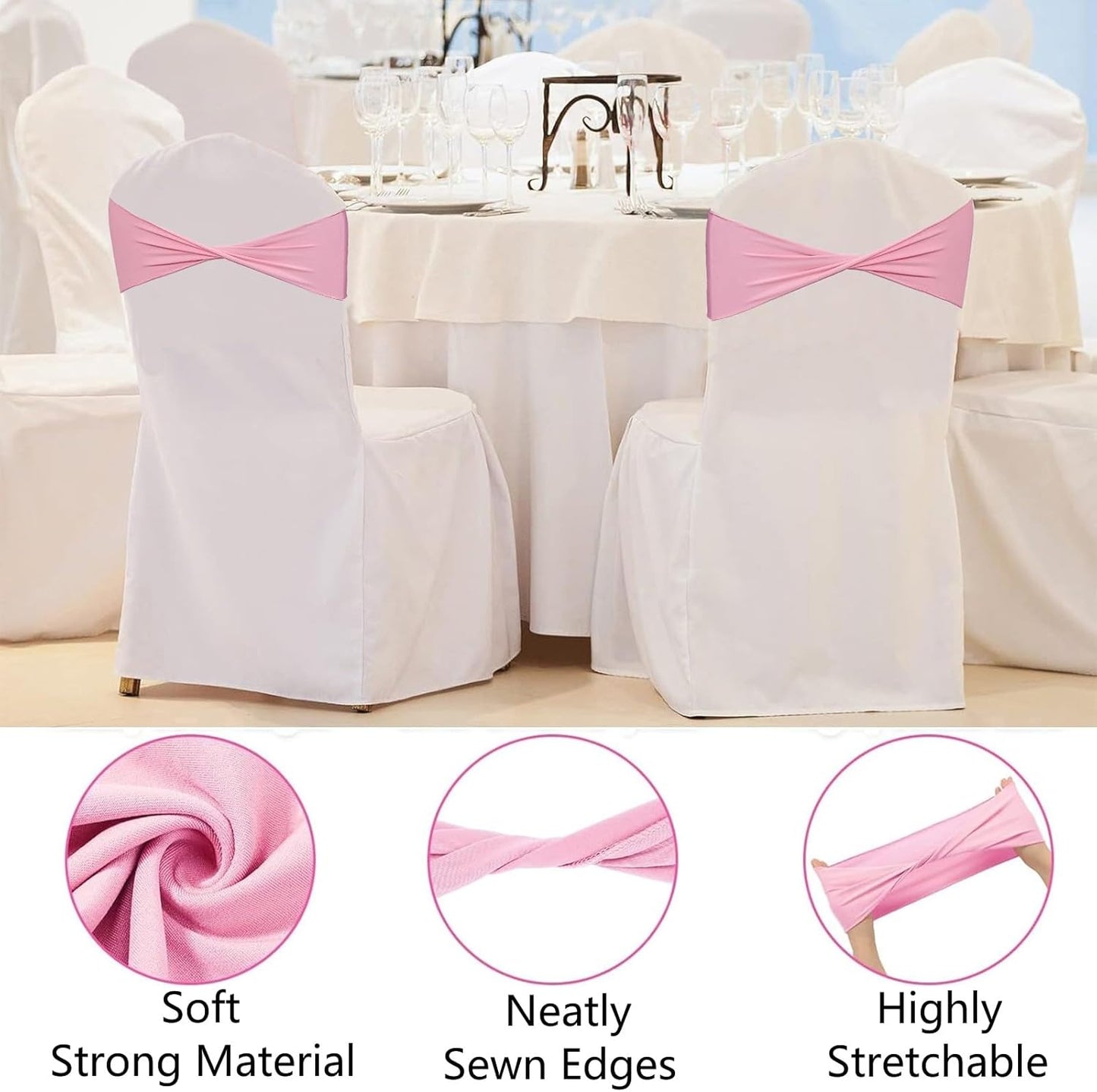 Spandex Pink Chair Sashes 50 Pcs Pink Sashes Bows Elastic Chair Cover Bands Ties Without Buckle for Wedding Party Events Ceremony Birthday