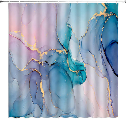 Teal Pink Marble Shower Curtain Modern Abstract Blue Marble Texture Gold Stripes Elegant Luxury Fabric Decor Bathroom Curtain Set with Hooks
